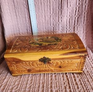 Vintage Handmade Carved Wood Vanity Cedar Wood Box w/ Painted Dome Lid & Mirror